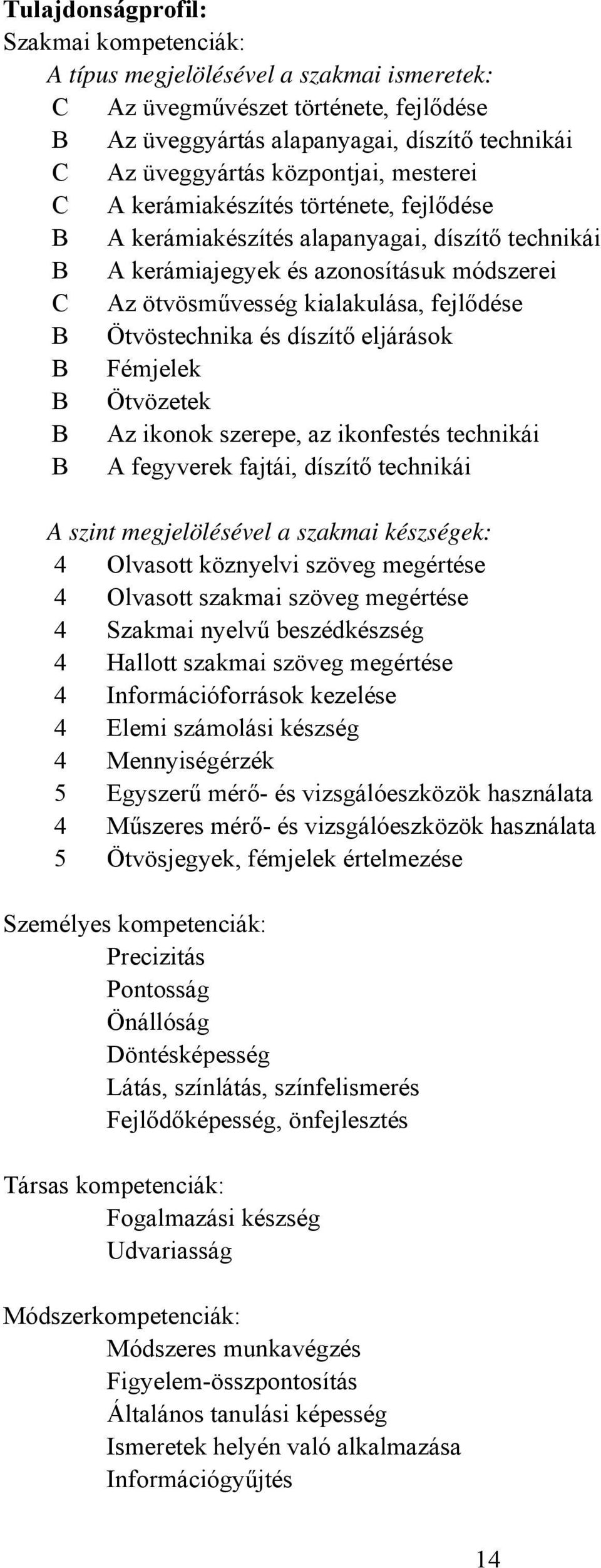 B Ötvöstechnika és díszítő eljárások B Fémjelek B Ötvözetek B Az ikonok szerepe, az ikonfestés technikái B A fegyverek fajtái, díszítő technikái A szint megjelölésével a szakmai készségek: 4 Olvasott