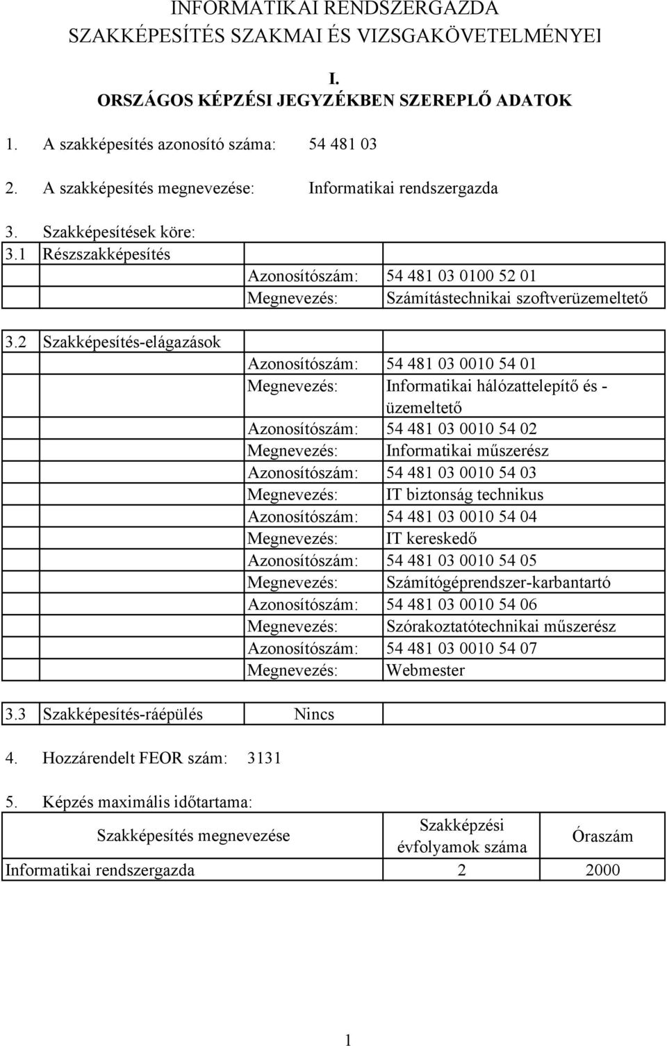 Hozzárendelt FEOR szám: Azonosítószám: 54 481 03 0100 52 01 Megnevezés: Számítástechnikai szoftverüzemeltető Azonosítószám: 54 481 03 0010 54 01 Megnevezés: Informatikai hálózattelepítő és üzemeltető