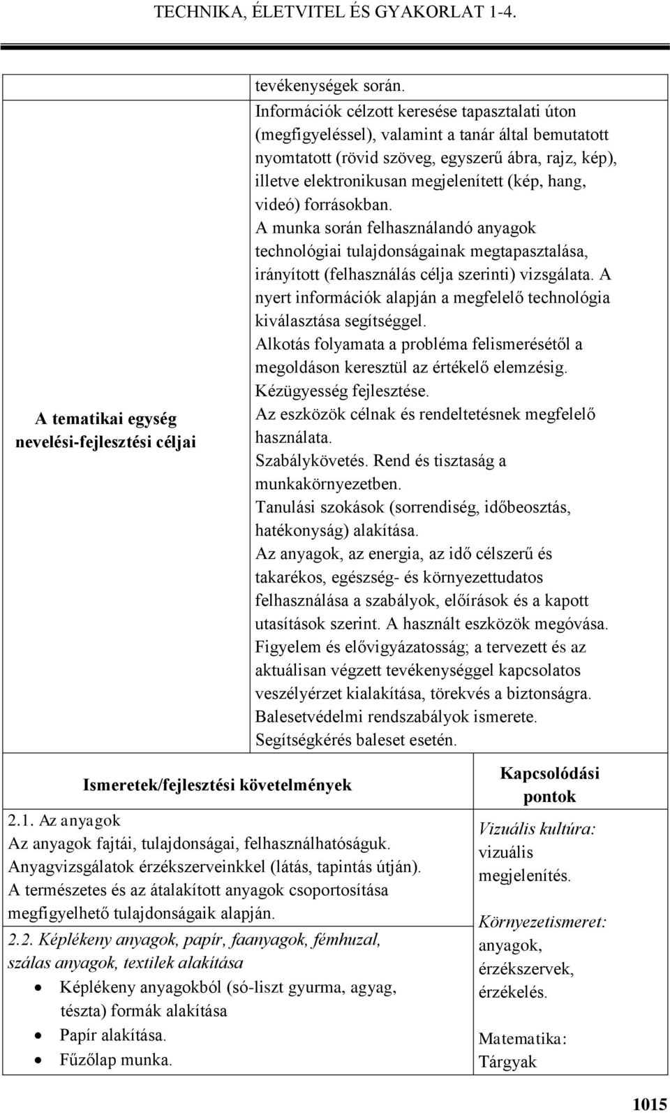 hang, videó) forrásokban. A munka során felhasználandó anyagok technológiai tulajdonságainak megtapasztalása, irányított (felhasználás célja szerinti) vizsgálata.