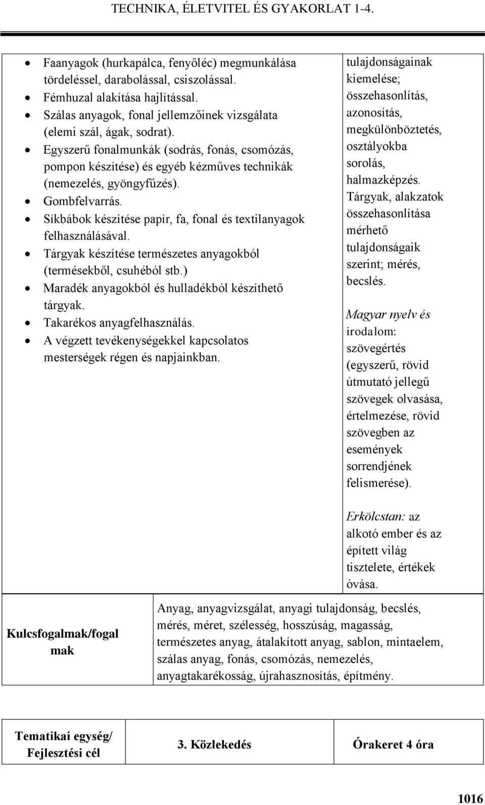 Síkbábok készítése papír, fa, fonal és textilanyagok felhasználásával. Tárgyak készítése természetes anyagokból (termésekből, csuhéból stb.) Maradék anyagokból és hulladékból készíthető tárgyak.