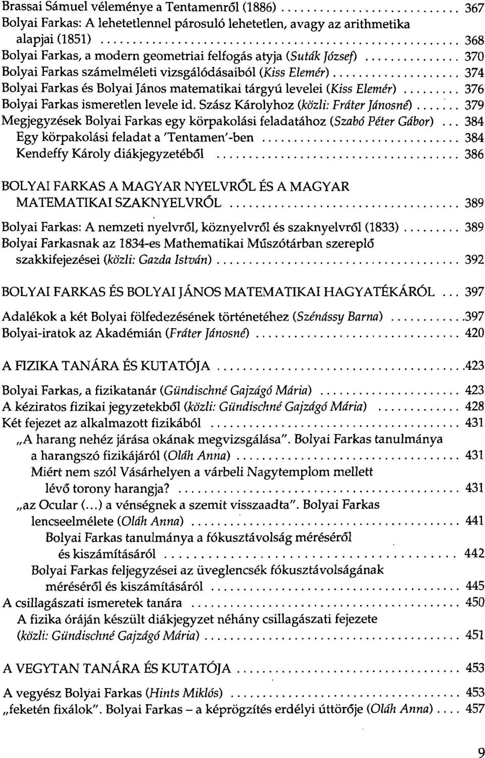 Szász Károlyhoz (közli: Fráter Jánosné)... 379 Megjegyzések Bolyai Farkas egy körpakolási feladatához (Szabó Péter Gábor).