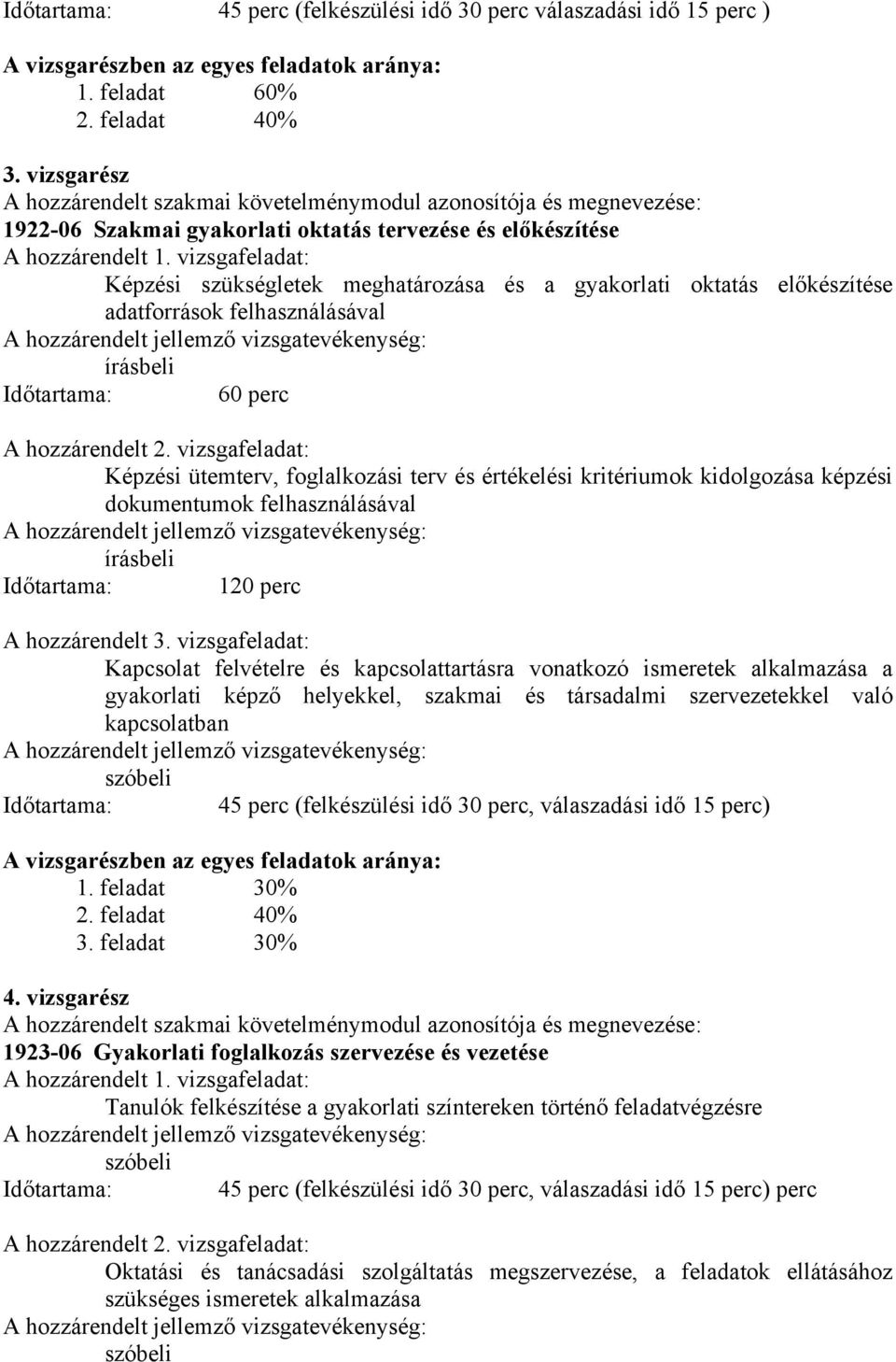 vizsgafeladat: Képzési szükségletek meghatározása és a gyakorlati oktatás előkészítése adatforrások felhasználásával hozzárendelt jellemző vizsgatevékenység: írásbeli Időtartama: 60 perc hozzárendelt