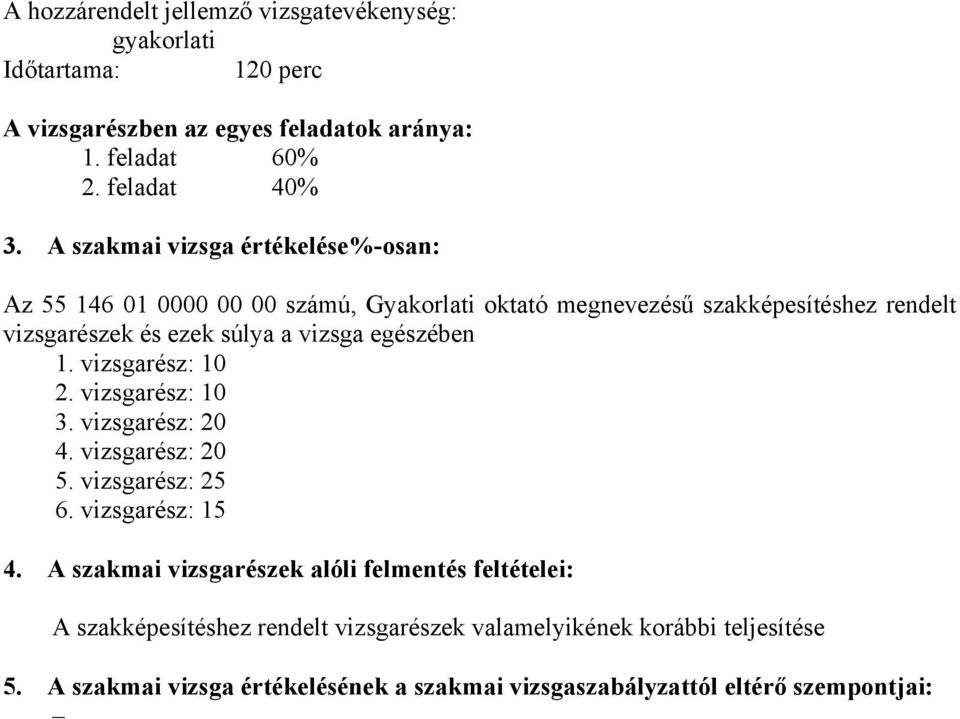 egészében 1. vizsgarész: 10 2. vizsgarész: 10 3. vizsgarész: 20 4. vizsgarész: 20 5. vizsgarész: 25 6. vizsgarész: 15 4.