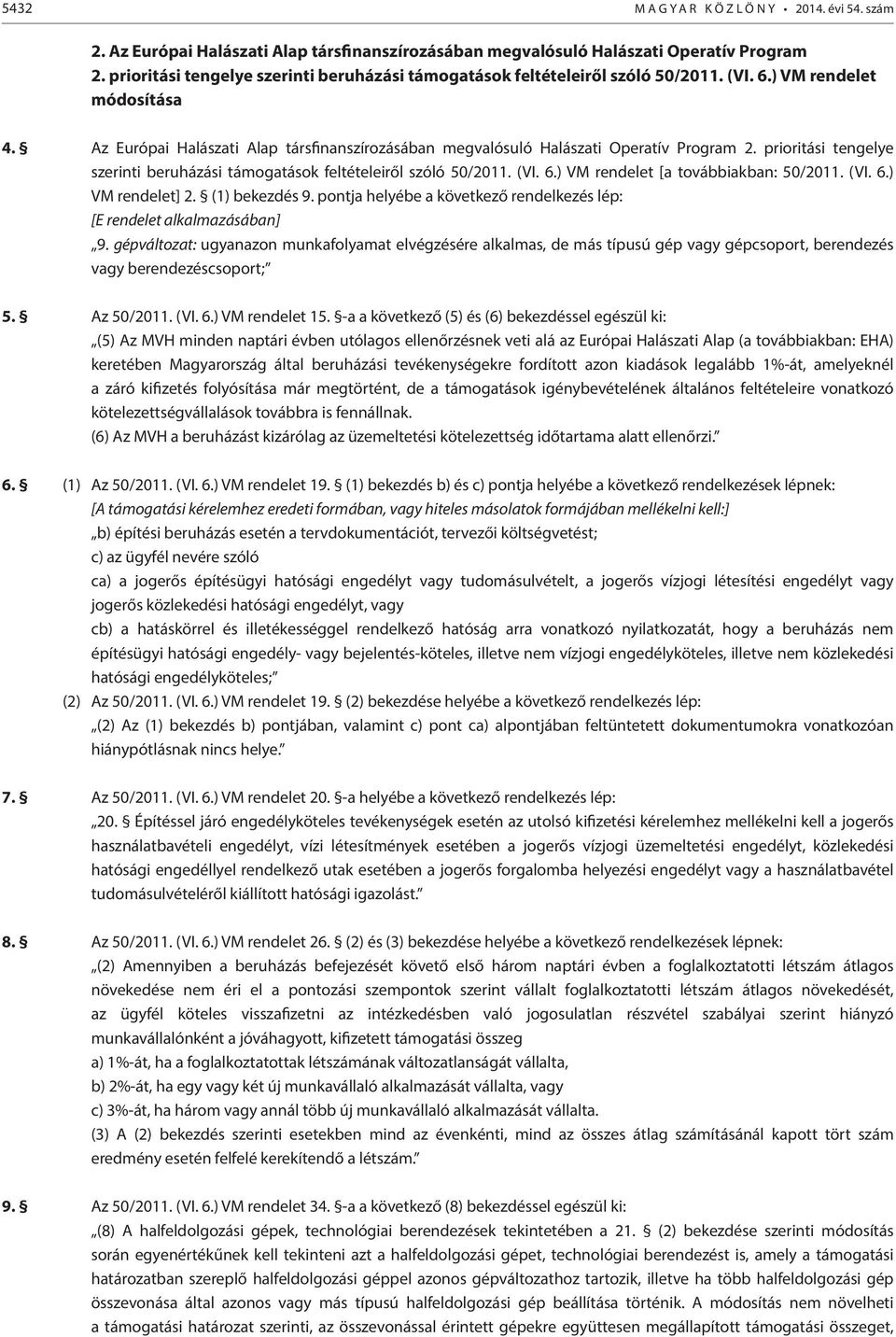 Az Európai Halászati Alap társfinanszírozásában megvalósuló Halászati Operatív Program 2. prioritási tengelye szerinti beruházási támogatások feltételeiről szóló 50/2011. (VI. 6.