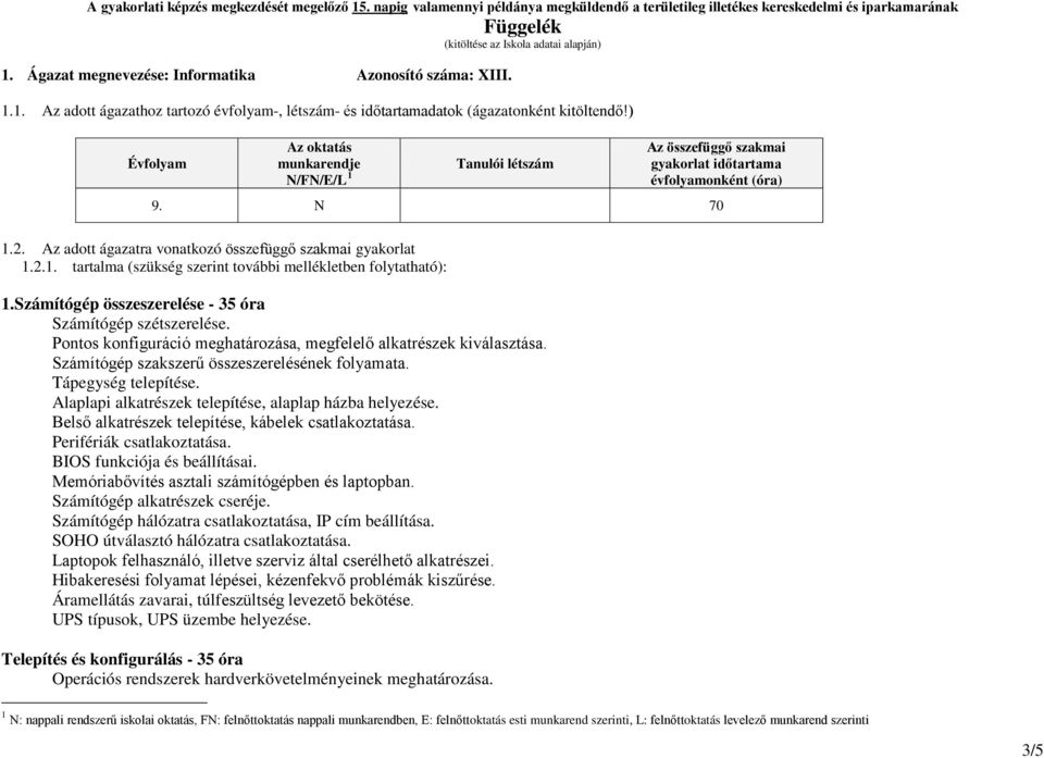 ) Évfolyam Az oktatás munkarendje N/FN/E/L 1 Tanulói létszám Az összefüggő szakmai gyakorlat időtartama évfolyamonként (óra) 9. N 70 1.2. Az adott ágazatra vonatkozó összefüggő szakmai gyakorlat 1.2.1. tartalma (szükség szerint további mellékletben folytatható): 1.