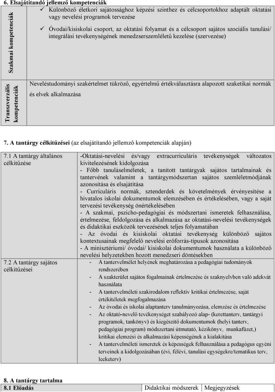 szakértelmet tükröző, egyértelmű értékválasztásra alapozott szaketikai normák és elvek alkalmazása 7. A tantárgy célkitűzései (az elsajátítandó jellemző kompetenciák alapján) 7.