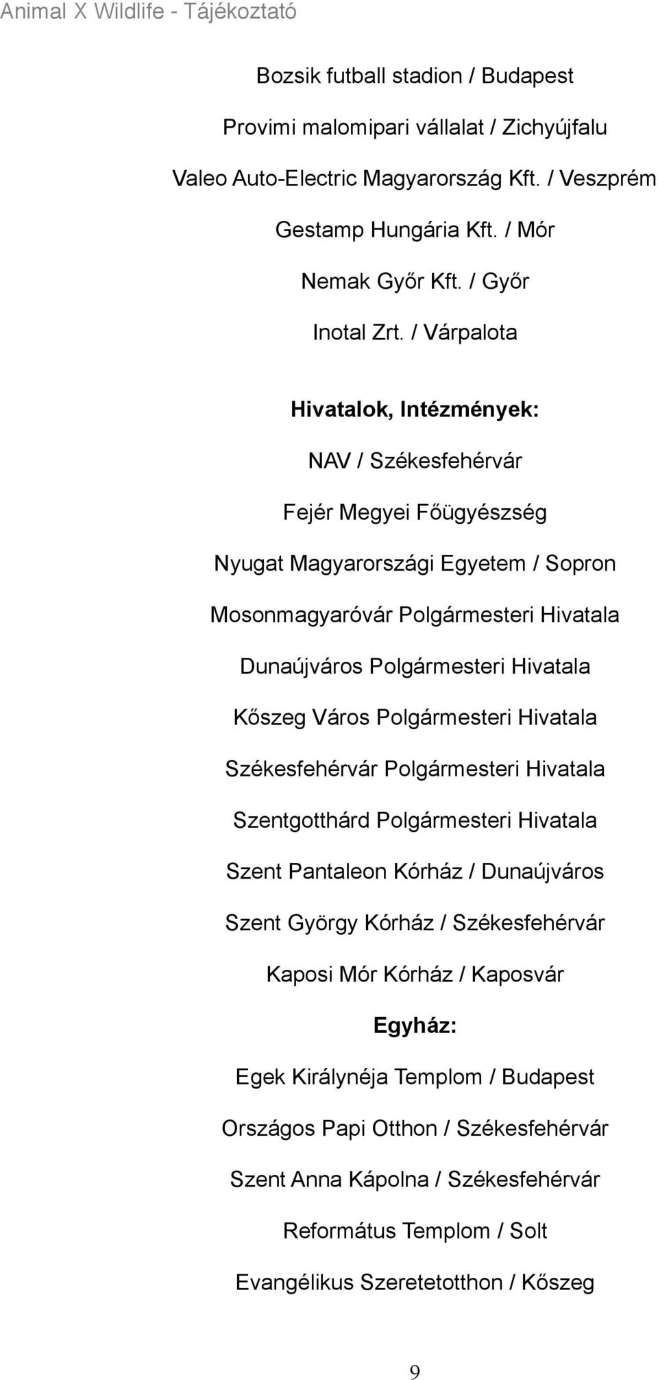 Kőszeg Város Polgármesteri Hivatala Székesfehérvár Polgármesteri Hivatala Szentgotthárd Polgármesteri Hivatala Szent Pantaleon Kórház / Dunaújváros Szent György Kórház / Székesfehérvár Kaposi