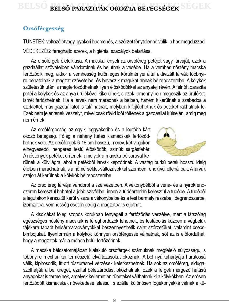 A macska lenyeli az orsóféreg petéjét vagy lárváját, ezek a gazdaállat szöveteiben vándorolnak és bejutnak a vesébe.