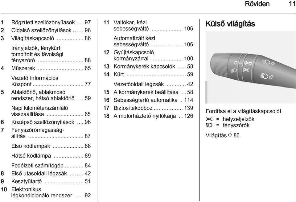 .. 87 Első ködlámpák... 88 Hátsó ködlámpa... 89 Fedélzeti számítógép... 84 8 Első utasoldali légzsák... 42 9 Kesztyűtartó... 51 10 Elektronikus légkondicionáló rendszer.