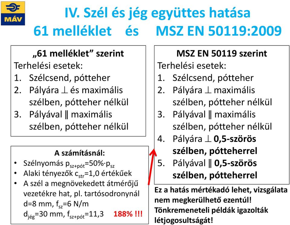 tartósodronynál d=8 mm, f sz =6 N/m d jég =30 mm, f sz+pót =11,3 188%!!! MSZ EN 50119 szerint Terhelési esetek: 1. Szélcsend, pótteher 2. Pályára maximális szélben, pótteher nélkül 3.