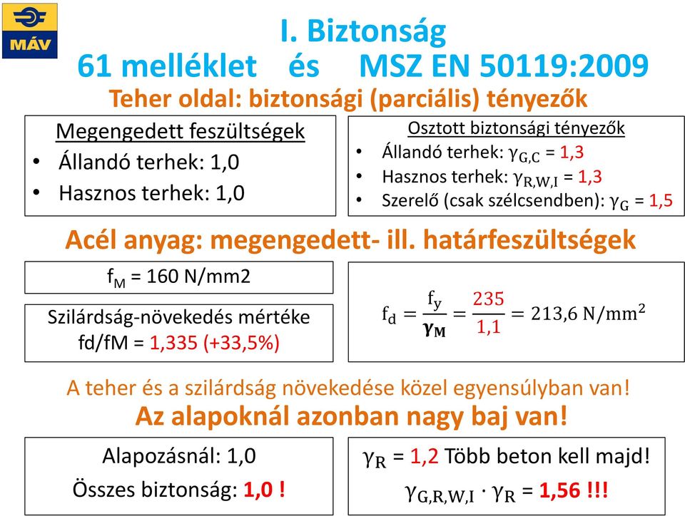 határfeszültségek f M = 160 N/mm2 Szilárdság-növekedés mértéke fd/fm = 1,335 (+33,5%) f d = f y = 235 γ M 1,1 = 213,6 N/mm2 A teher és a szilárdság