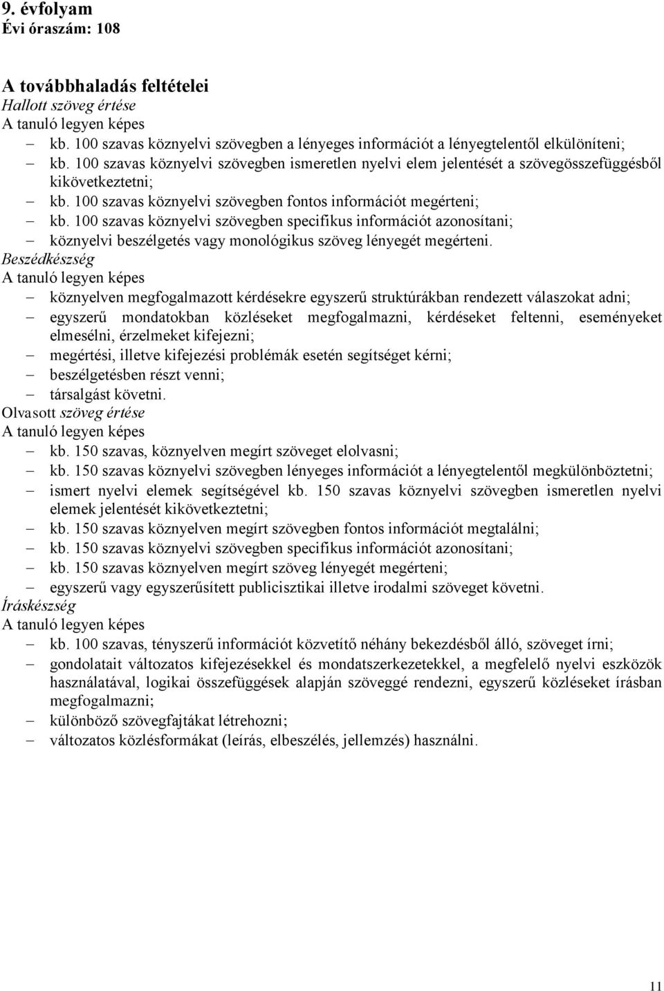 0 szavas köznyelvi szövegben specifikus információt azonosítani; köznyelvi beszélgetés vagy monológikus szöveg lényegét megérteni.