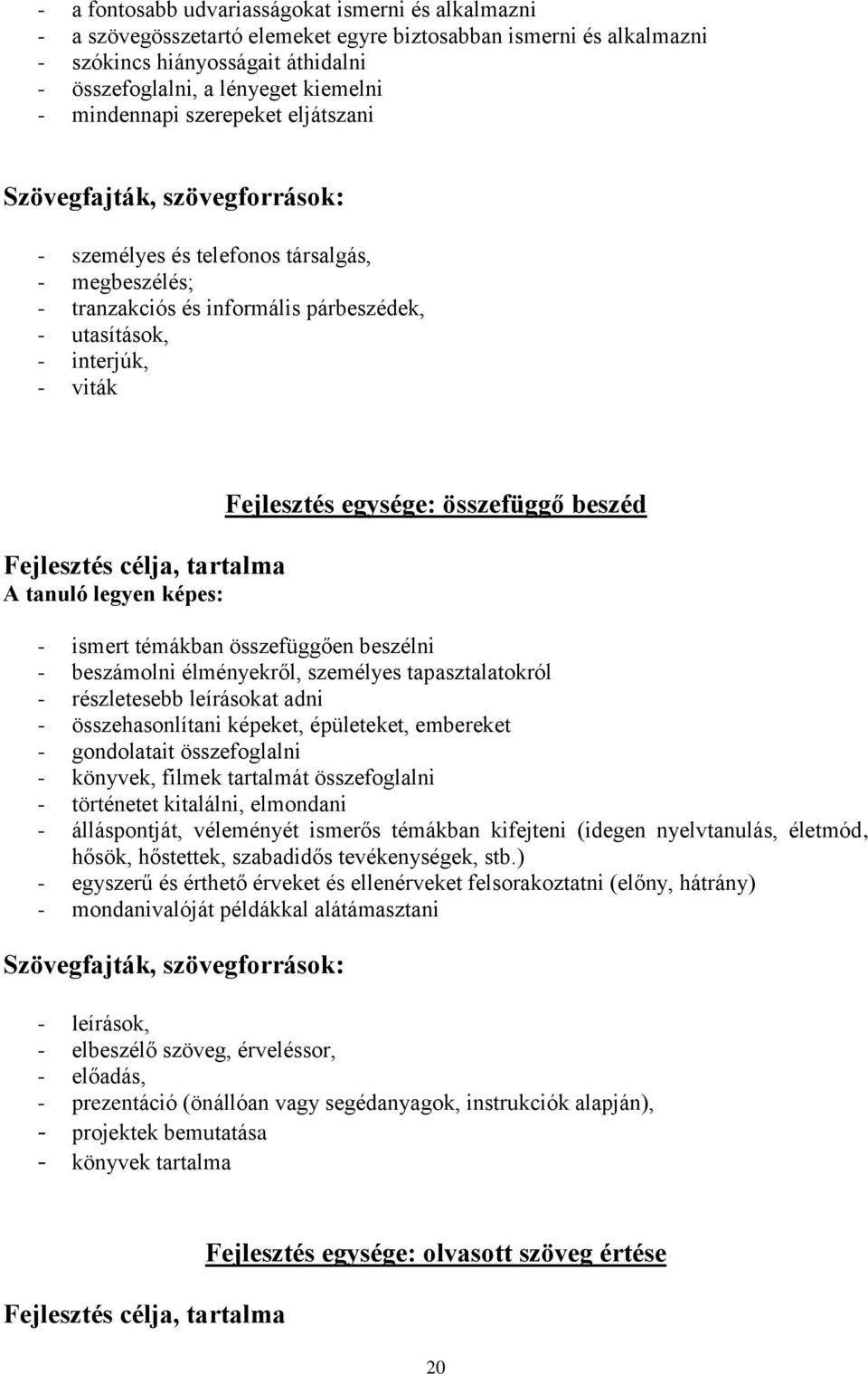 célja, tartalma A tanuló legyen képes: Fejlesztés egysége: összefüggő beszéd - ismert témákban összefüggően beszélni - beszámolni élményekről, személyes tapasztalatokról - részletesebb leírásokat