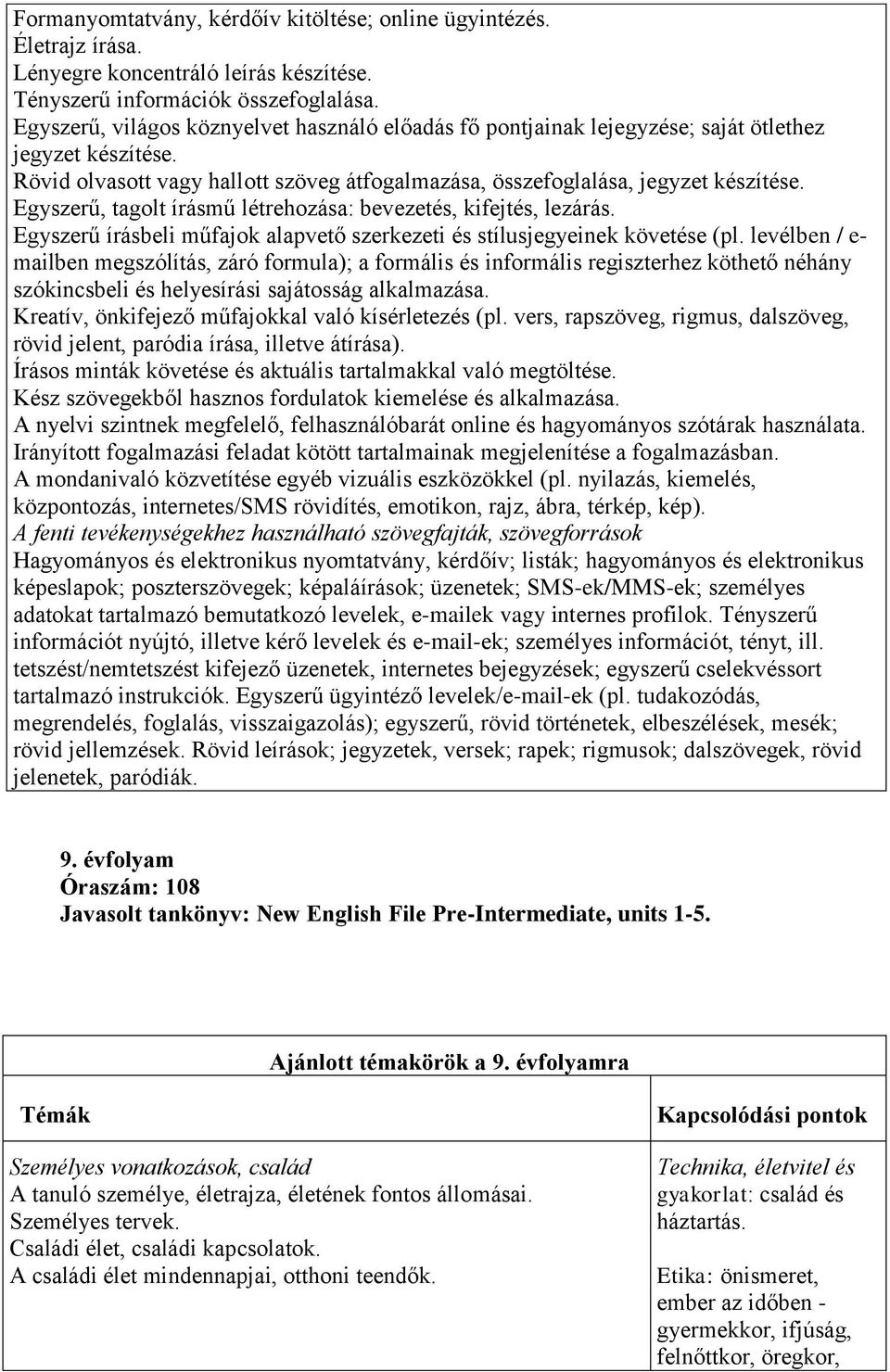 Egyszerű, tagolt írásmű létrehozása: bevezetés, kifejtés, lezárás. Egyszerű írásbeli műfajok alapvető szerkezeti és stílusjegyeinek követése (pl.