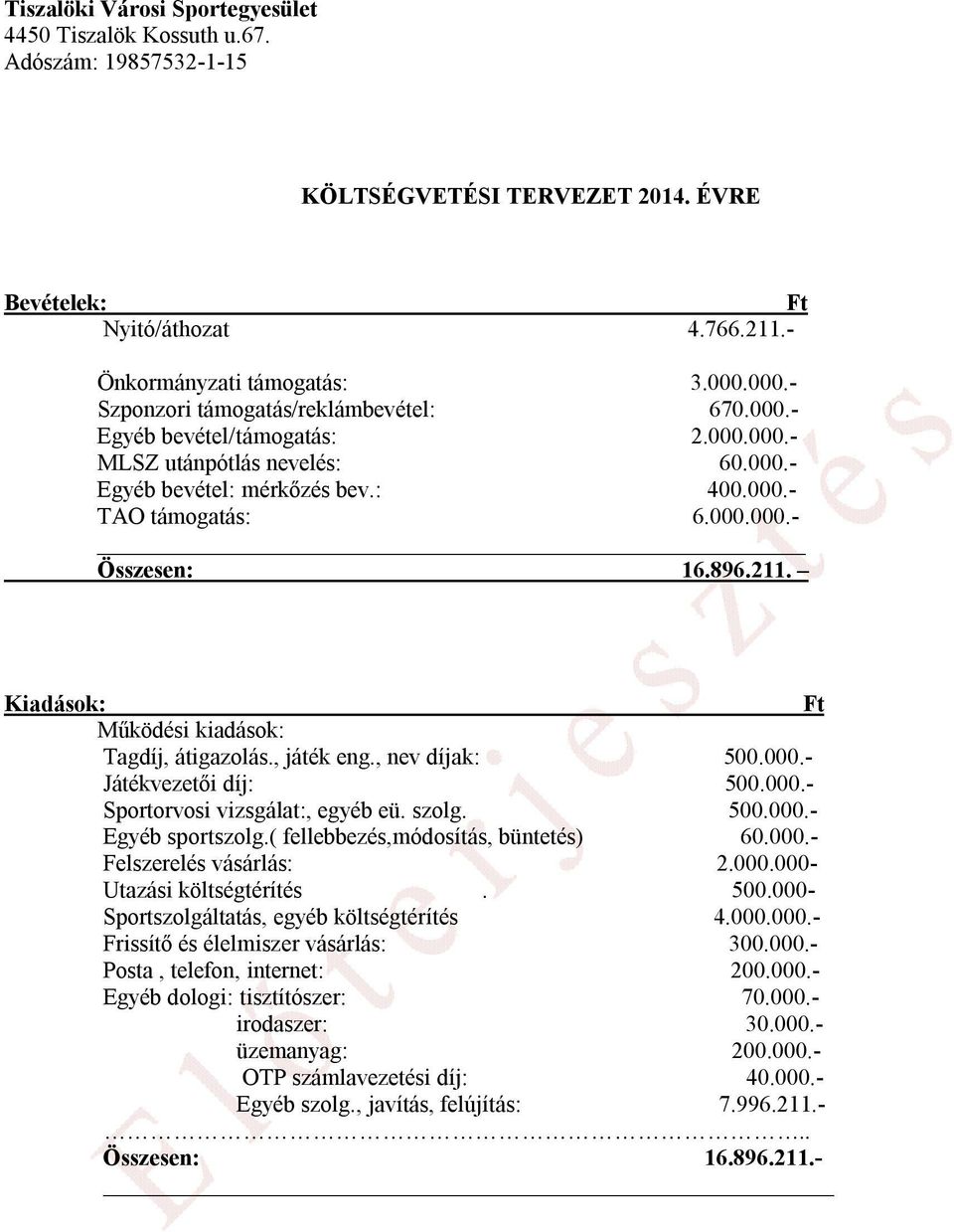896.211. Kiadások: Működési kiadások: Tagdíj, átigazolás., játék eng., nev díjak: 500.000.- Játékvezetői díj: 500.000.- Sportorvosi vizsgálat:, egyéb eü. szolg. 500.000.- Egyéb sportszolg.