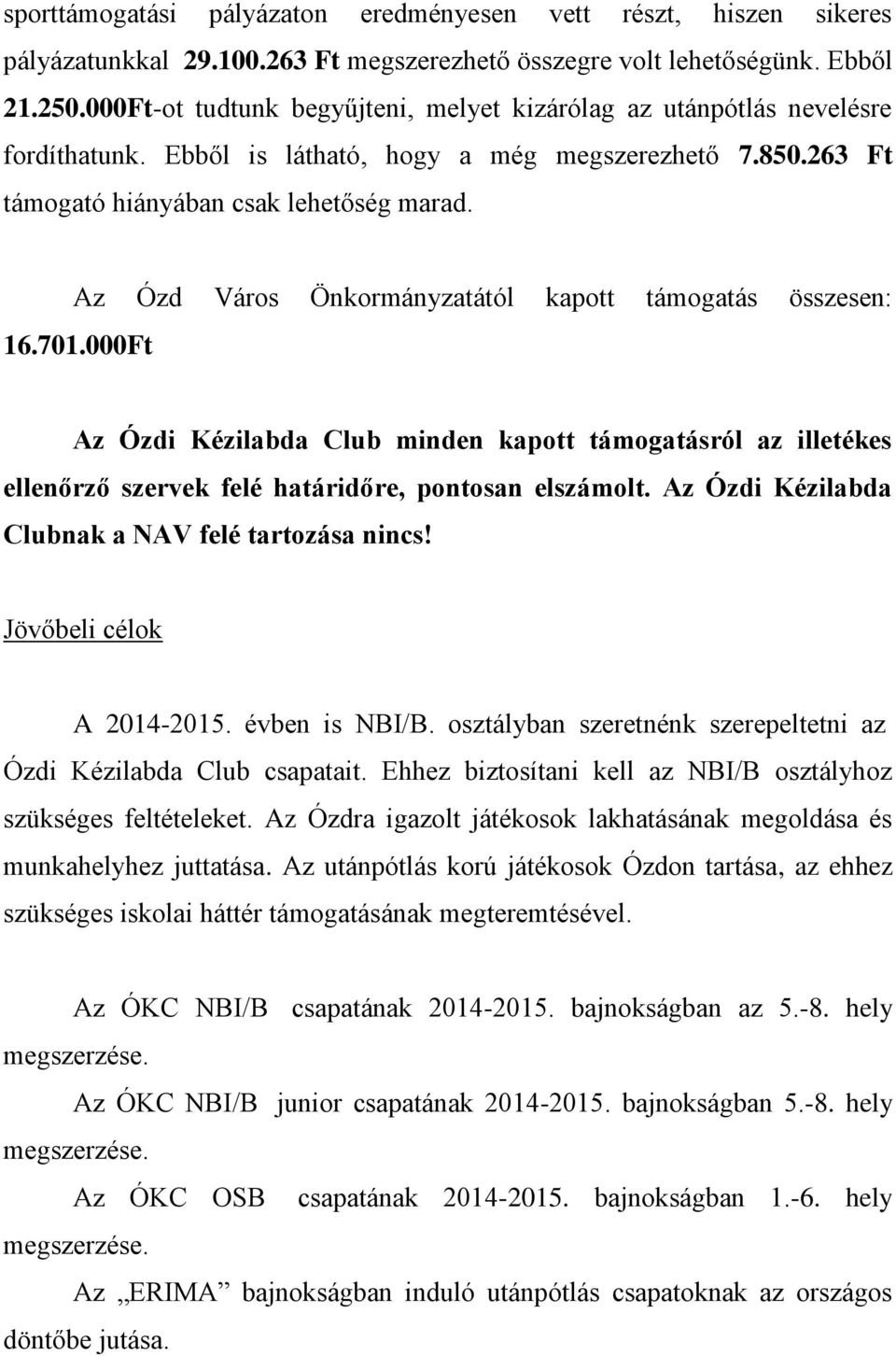 Az Ózd Város Önkormányzatától kapott támogatás összesen: 16.701.000Ft Az Ózdi Kézilabda Club minden kapott támogatásról az illetékes ellenőrző szervek felé határidőre, pontosan elszámolt.