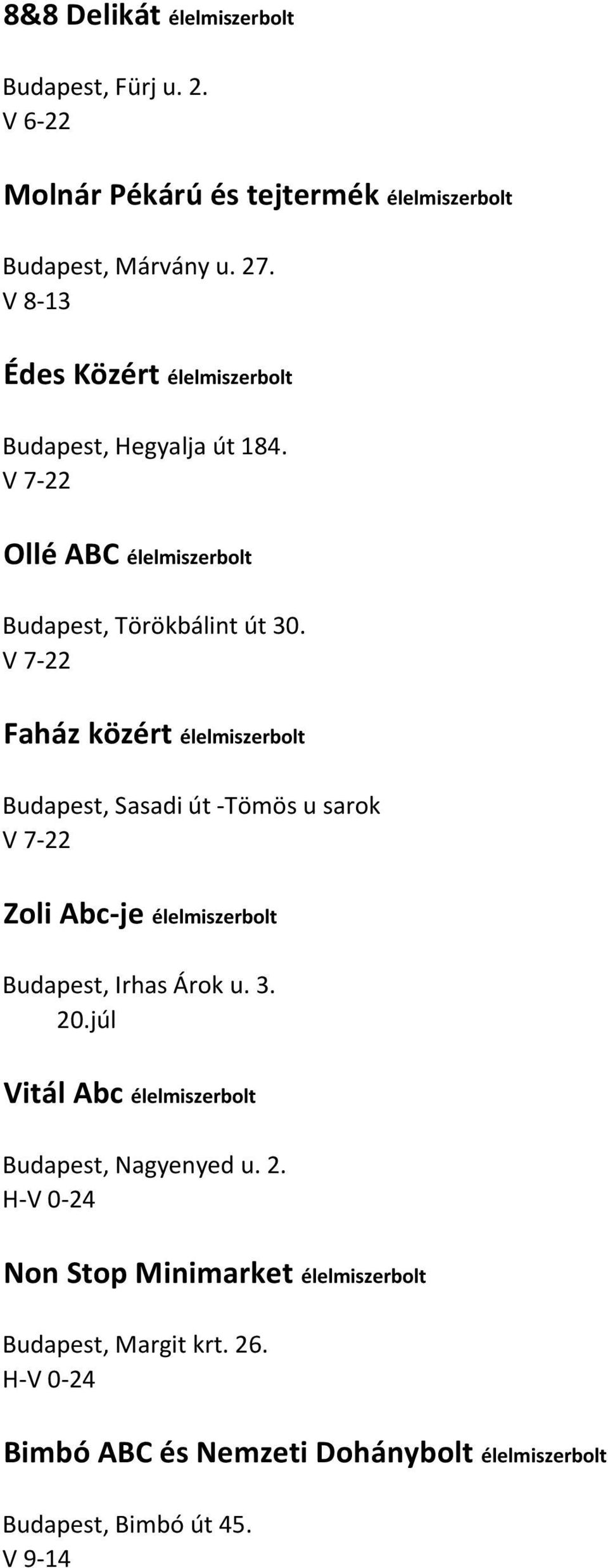 Faház közért élelmiszerbolt Budapest, Sasadi út -Tömös u sarok Zoli Abc-je élelmiszerbolt Budapest, Irhas Árok u. 3. 20.