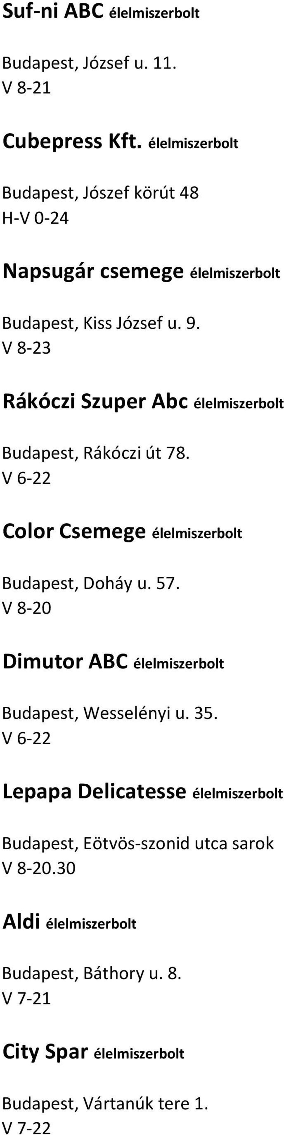 V 8-23 Rákóczi Szuper Abc élelmiszerbolt Budapest, Rákóczi út 78. V 6-22 Color Csemege élelmiszerbolt Budapest, Doháy u. 57.