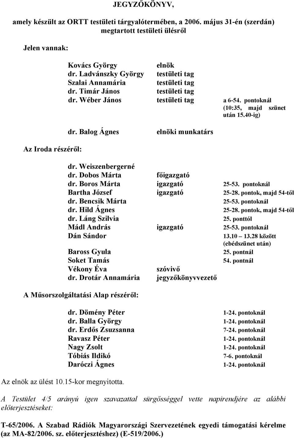 Balog Ágnes elnöki munkatárs Az Iroda részéről: dr. Weiszenbergerné dr. Dobos Márta főigazgató dr. Boros Márta igazgató 25-53. pontoknál Bartha József igazgató 25-28. pontok, majd 54-től dr.