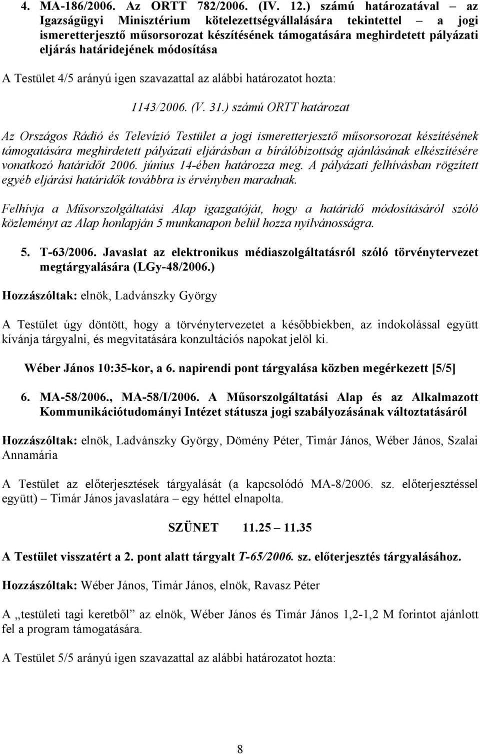 módosítása A Testület 4/5 arányú igen szavazattal az alábbi határozatot hozta: 1143/2006. (V. 31.