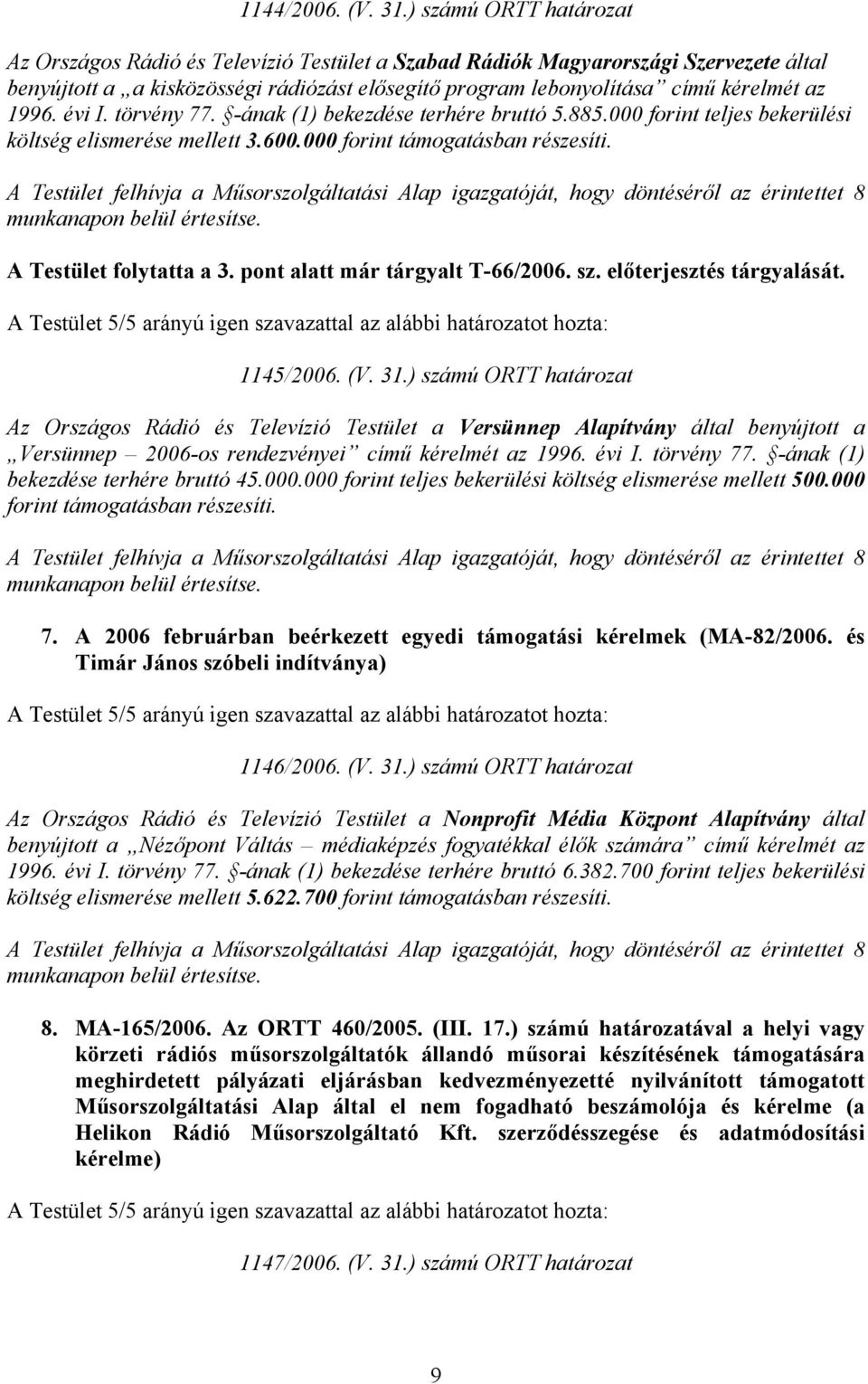 1996. évi I. törvény 77. -ának (1) bekezdése terhére bruttó 5.885.000 forint teljes bekerülési költség elismerése mellett 3.600.000 forint támogatásban részesíti.