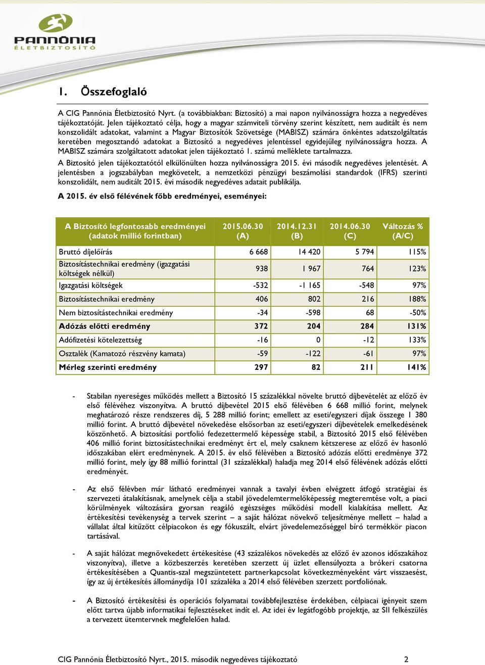 adatszolgáltatás keretében megosztandó adatokat a Biztosító a negyedéves jelentéssel egyidejűleg nyilvánosságra hozza. A MABISZ számára szolgáltatott adatokat jelen tájékoztató 1.