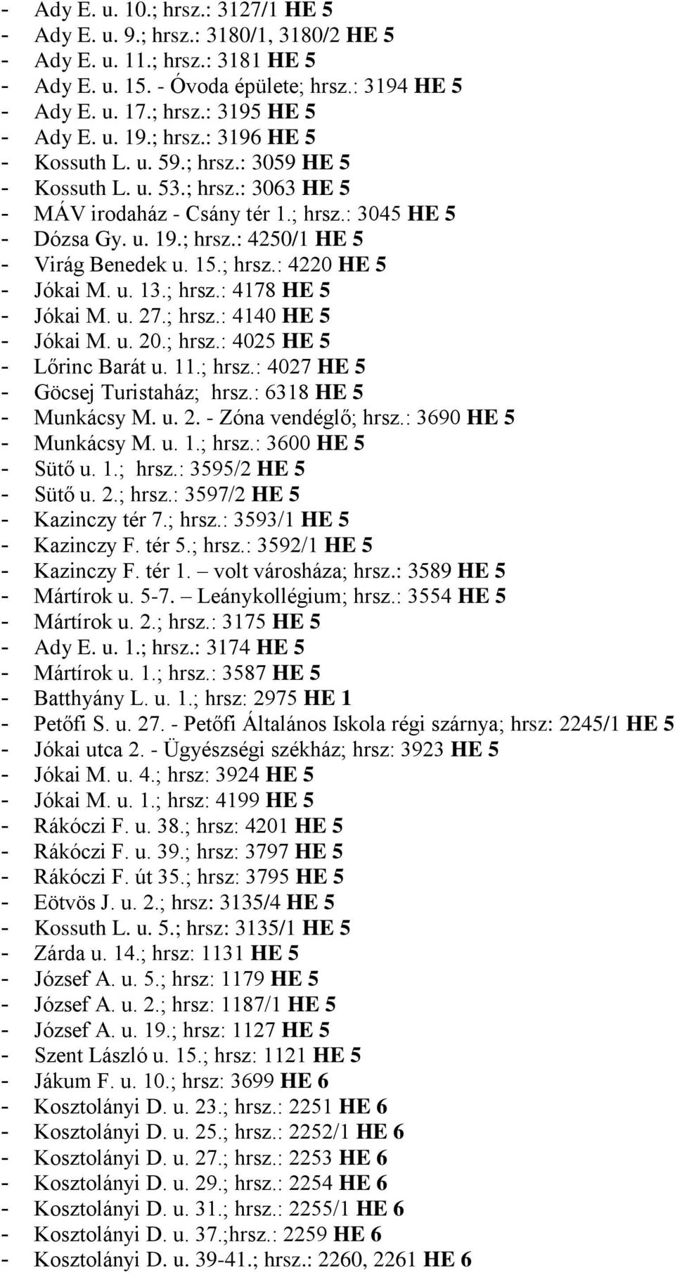 15.; hrsz.: 4220 HE 5 - Jókai M. u. 13.; hrsz.: 4178 HE 5 - Jókai M. u. 27.; hrsz.: 4140 HE 5 - Jókai M. u. 20.; hrsz.: 4025 HE 5 - Lőrinc Barát u. 11.; hrsz.: 4027 HE 5 - Göcsej Turistaház; hrsz.