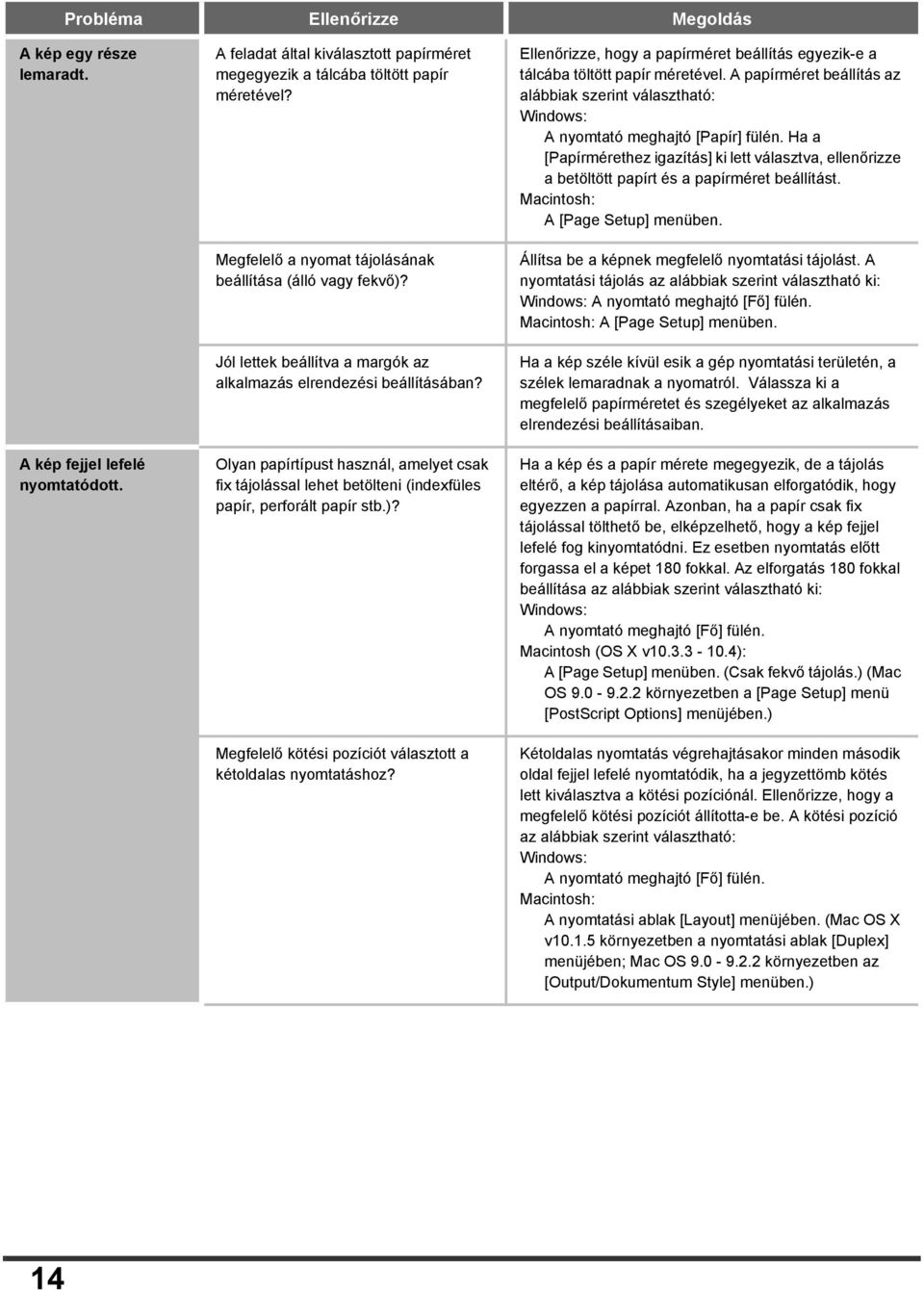 Olyan papírtípust használ, amelyet csak fix tájolással lehet betölteni (indexfüles papír, perforált papír stb.)? Megfelelő kötési pozíciót választott a kétoldalas nyomtatáshoz?