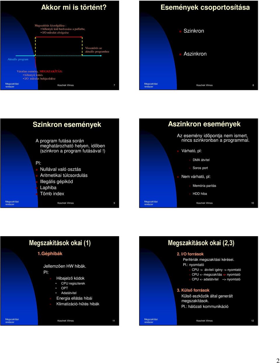 MEGSZAKÍTÁS: billentyű leütés I/O művelet befejeződése Koschek Vilmos 7 Koschek Vilmos 8 Szinkron események Aszinkron események A program futása során meghatározható helyen, időben (szinkron a