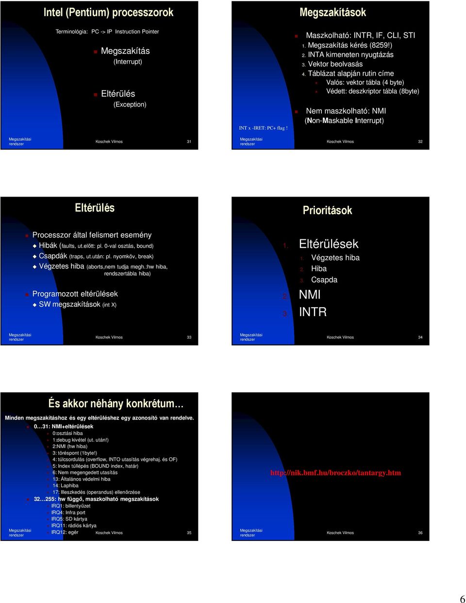 ) INTA kimeneten nyugtázás 3 Vektor beolvasás 4 Táblázat alapján rutin címe Valós: vektor tábla (4 byte) Védett: deszkriptor tábla (8byte) Nem maszkolható: NMI (Non-Maskable Interrupt) Koschek Vilmos