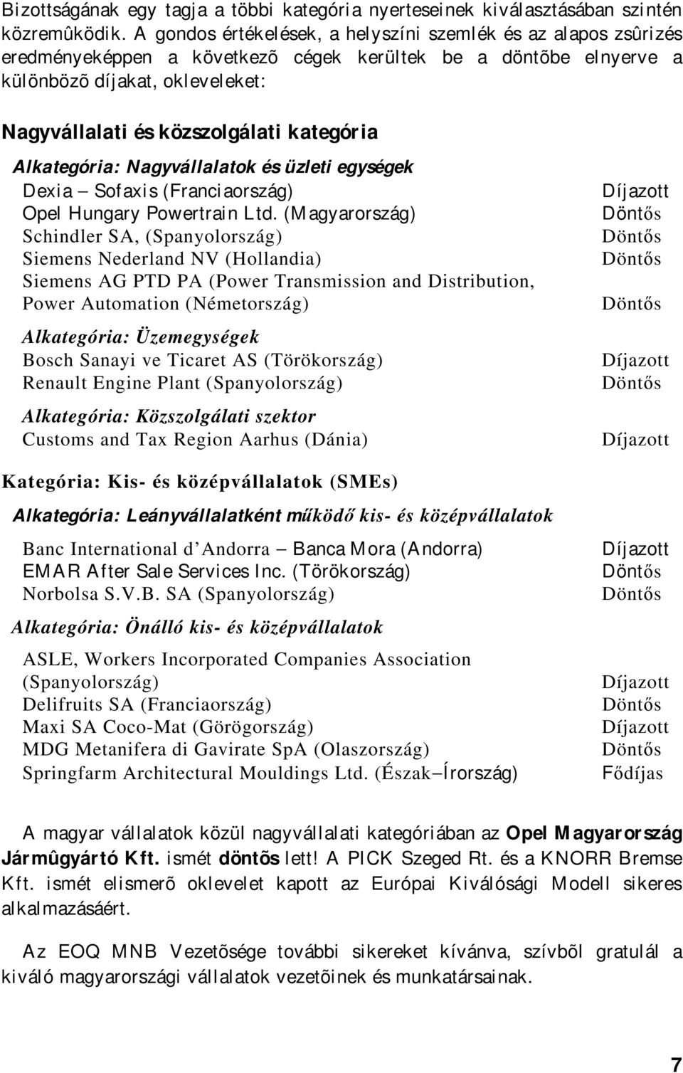 kategória Alkategória: Nagyvállalatok és üzleti egységek Dexia Sofaxis (Franciaország) Opel Hungary Powertrain Ltd.