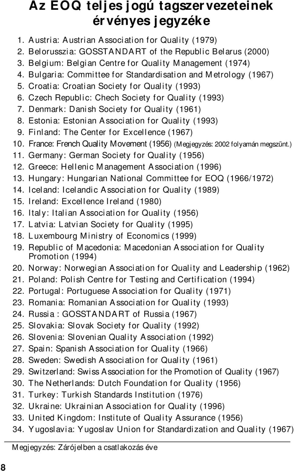 Czech Republic: Chech Society for Quality (1993) 7. Denmark: Danish Society for Quality (1961) 8. Estonia: Estonian Association for Quality (1993) 9. Finland: The Center for Excellence (1967) 10.