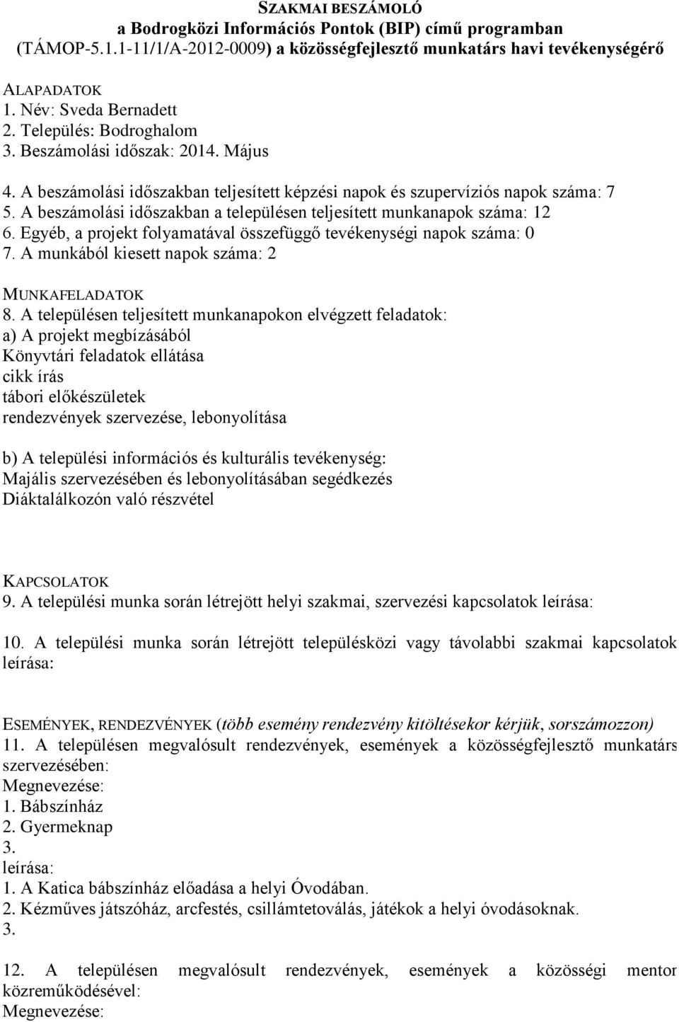 A munkából kiesett napok száma: 2 Könyvtári feladatok ellátása cikk írás tábori előkészületek rendezvények szervezése, lebonyolítása Majális szervezésében és lebonyolításában segédkezés