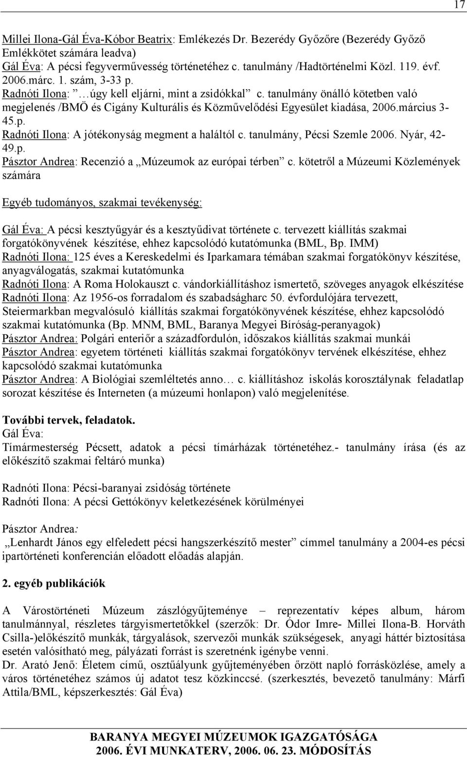 március 3-45.p. Radnóti Ilona: A jótékonyság megment a haláltól c. tanulmány, Pécsi Szemle 2006. Nyár, 42-49.p. Pásztor Andrea: Recenzió a Múzeumok az európai térben c.