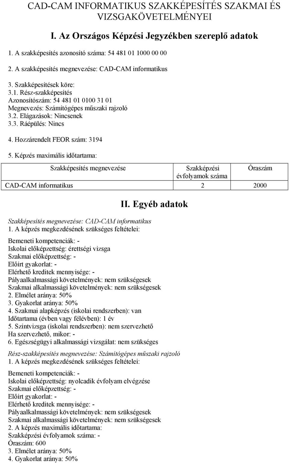 Elágazások: Nincsenek 3.3. Ráépülés: Nincs 4. Hozzárendelt FEOR szám: 3194 5.