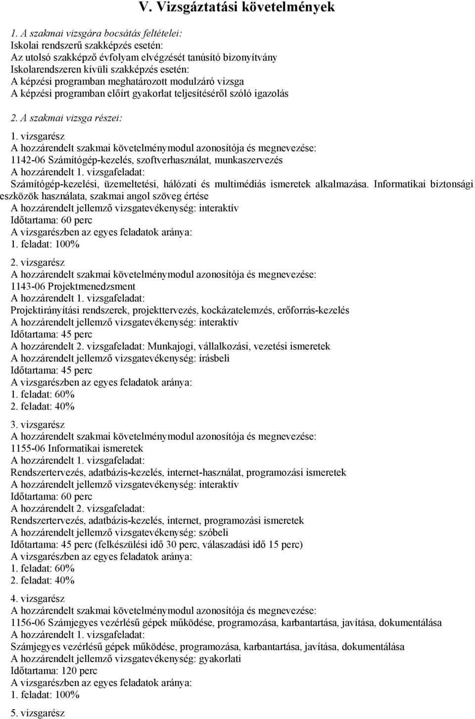 programban meghatározott modulzáró vizsga A képzési programban előírt gyakorlat teljesítéséről szóló igazolás 2. A szakmai vizsga részei: 1.