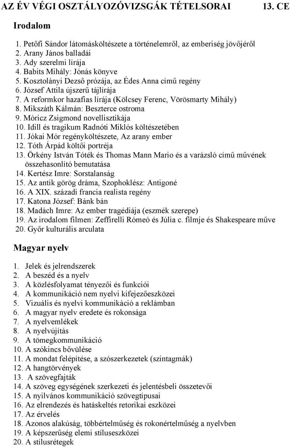 Mikszáth Kálmán: Beszterce ostroma 9. Móricz Zsigmond novellisztikája 10. Idill és tragikum Radnóti Miklós költészetében 11. Jókai Mór regényköltészete, Az arany ember 12.