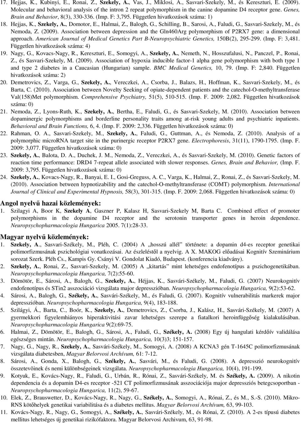 Független hivatkozások száma: 1) 18. Hejjas, K., Szekely, A., Domotor, E., Halmai, Z., Balogh, G., Schilling, B., Sarosi, A., Faludi, G., Sasvari-Szekely, M., és Nemoda, Z. (2009).