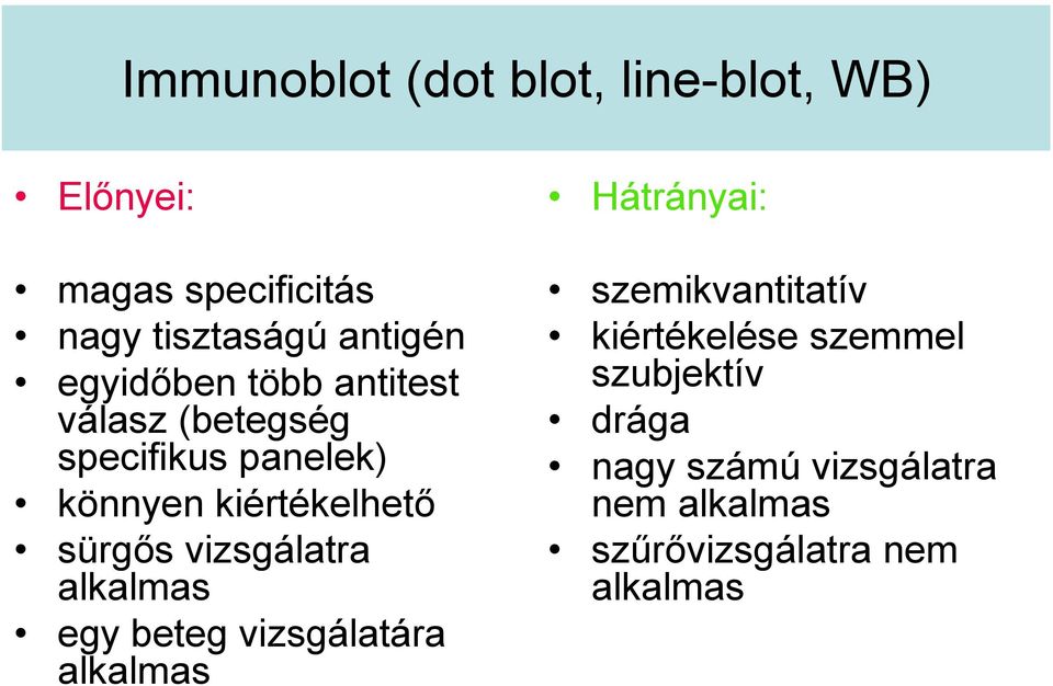 vizsgálatra alkalmas egy beteg vizsgálatára alkalmas Hátrányai: szemikvantitatív