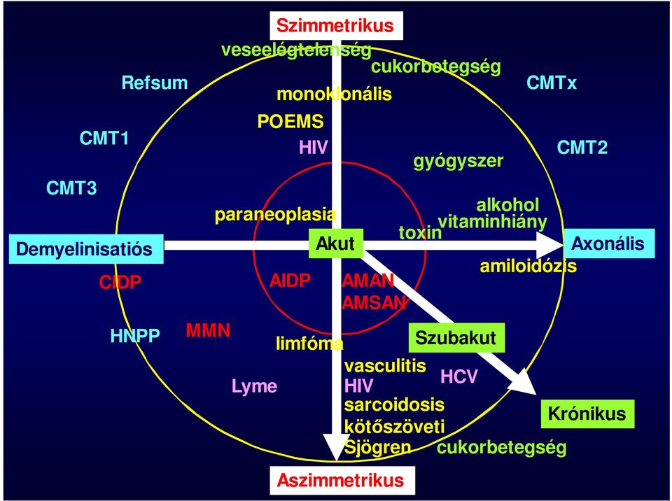 gyógyszer alkohol vitaminhiány toxin CMTx CMT2 Axonális amiloidózis MMN limfóma