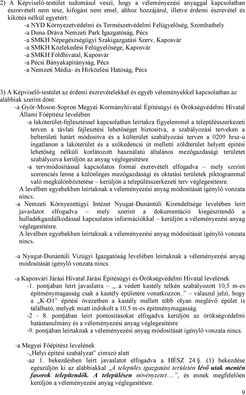 Felügyelősége, Kaposvár -a SMKH Földhivatal, Kaposvár -a Pécsi Bányakapitányság, Pécs -a Nemzeti Média- és Hírközlési Hatóság, Pécs 3) A Képviselő-testület az érdemi észrevételekkel és egyéb