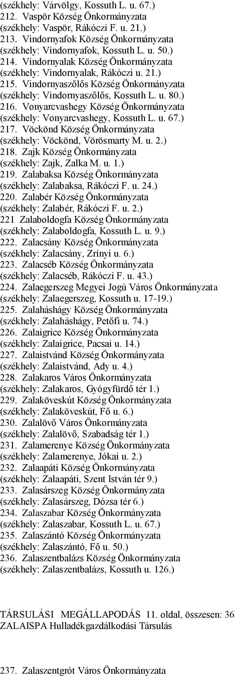 Vonyarcvashegy Község Önkormányzata (székhely: Vonyarcvashegy, Kossuth L. u. 67.) 217. Vöckönd Község Önkormányzata (székhely: Vöckönd, Vörösmarty M. u. 2.) 218.