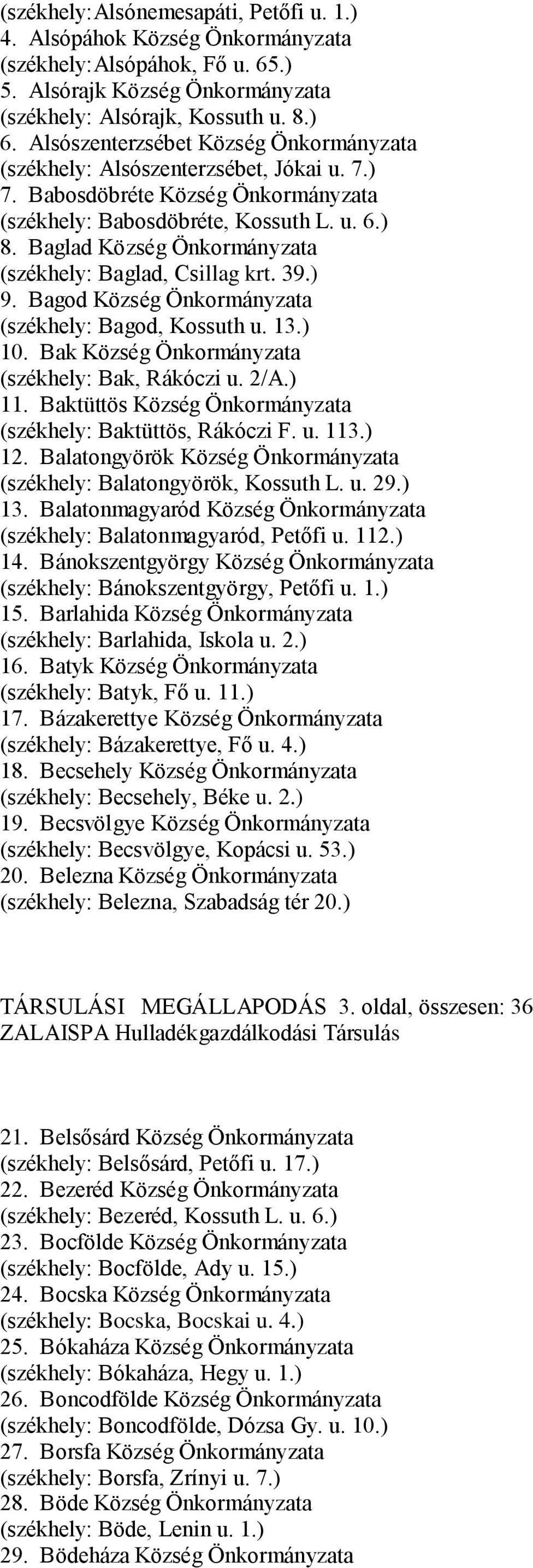 Baglad Község Önkormányzata (székhely: Baglad, Csillag krt. 39.) 9. Bagod Község Önkormányzata (székhely: Bagod, Kossuth u. 13.) 10. Bak Község Önkormányzata (székhely: Bak, Rákóczi u. 2/A.) 11.