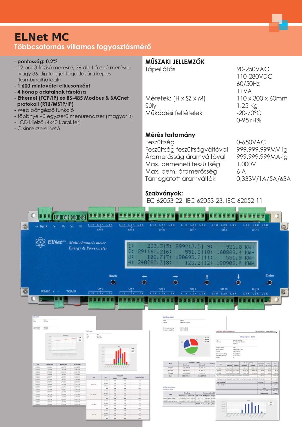 600 mintavétel ciklusonként - 4 hónap adatainak tárolása - Ethernet (TCP/IP) és RS-485 Modbus & BACnet protokoll (RTU/MSTP/IP) - Web böngésző funkció -