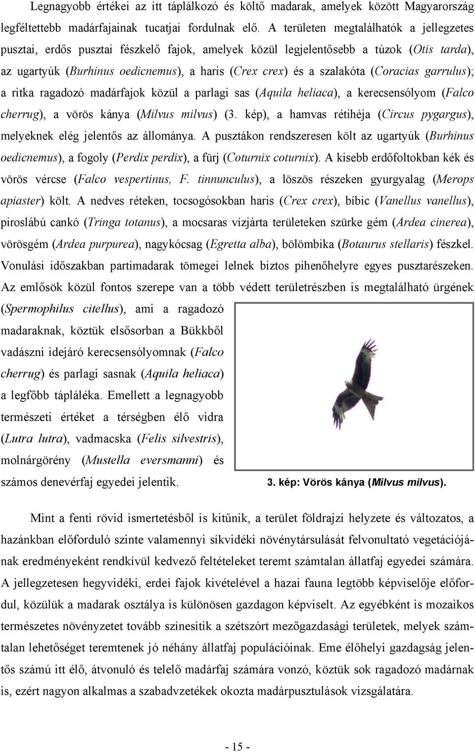 (Coracias garrulus); a ritka ragadozó madárfajok közül a parlagi sas (Aquila heliaca), a kerecsensólyom (Falco cherrug), a vörös kánya (Milvus milvus) (3.