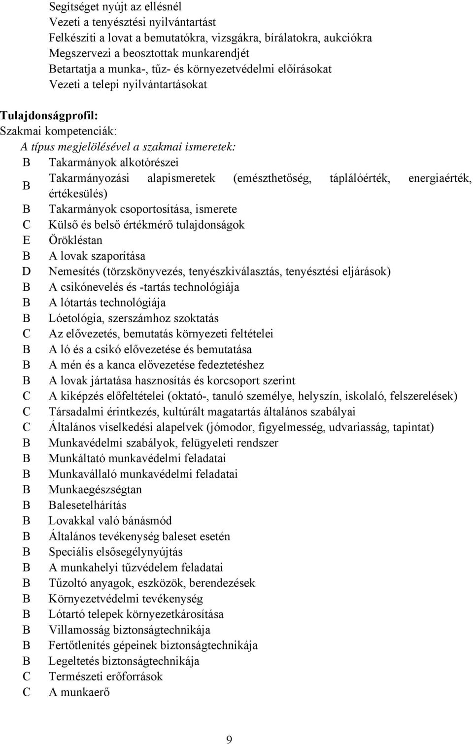 alapismeretek (emészthetőség, táplálóérték, energiaérték, értékesülés) Takarmányok csoportosítása, ismerete Külső és belső értékmérő tulajdonságok E Örökléstan A lovak szaporítása Nemesítés