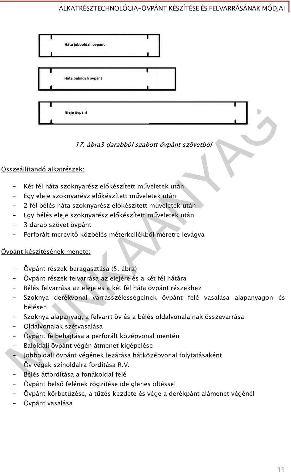 műveletek után - Egy bélés eleje szoknyarész előkészített műveletek után - 3 darab szövet övpánt - Perforált merevítő közbélés méterkellékből méretre levágva Övpánt készítésének menete: - Övpánt