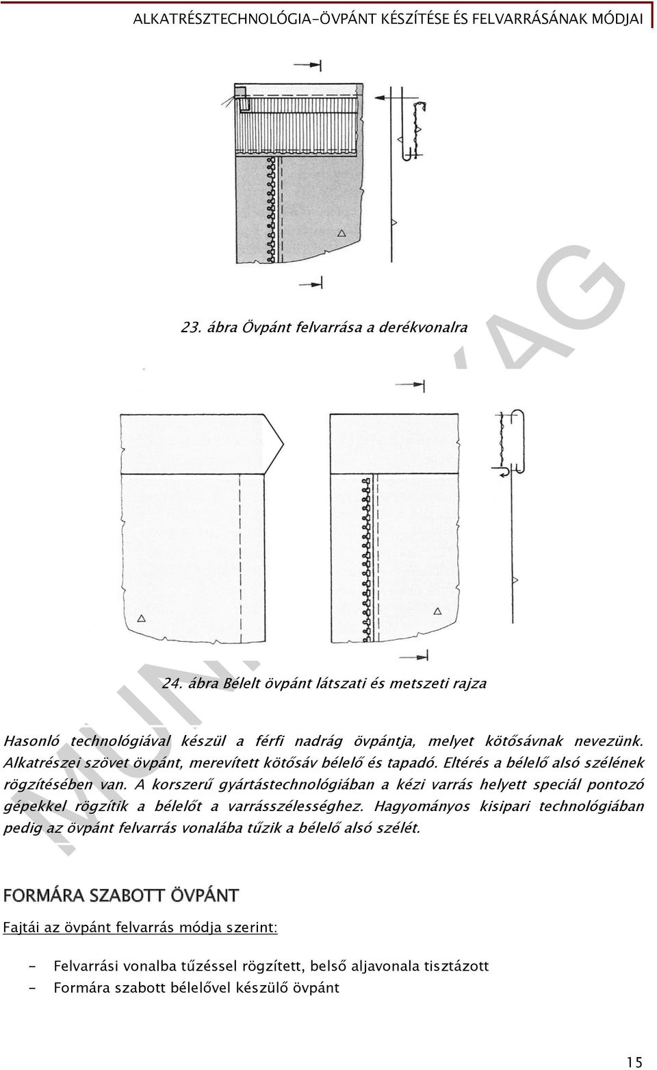 Alkatrészei szövet övpánt, merevített kötősáv bélelő és tapadó. Eltérés a bélelő alsó szélének rögzítésében van.