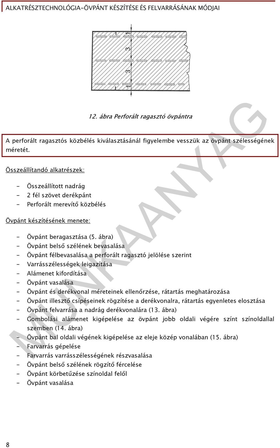 ábra) - Övpánt belső szélének bevasalása - Övpánt félbevasalása a perforált ragasztó jelölése szerint - Varrásszélességek leigazítása - Alámenet kifordítása - Övpánt vasalása - Övpánt és derékvonal