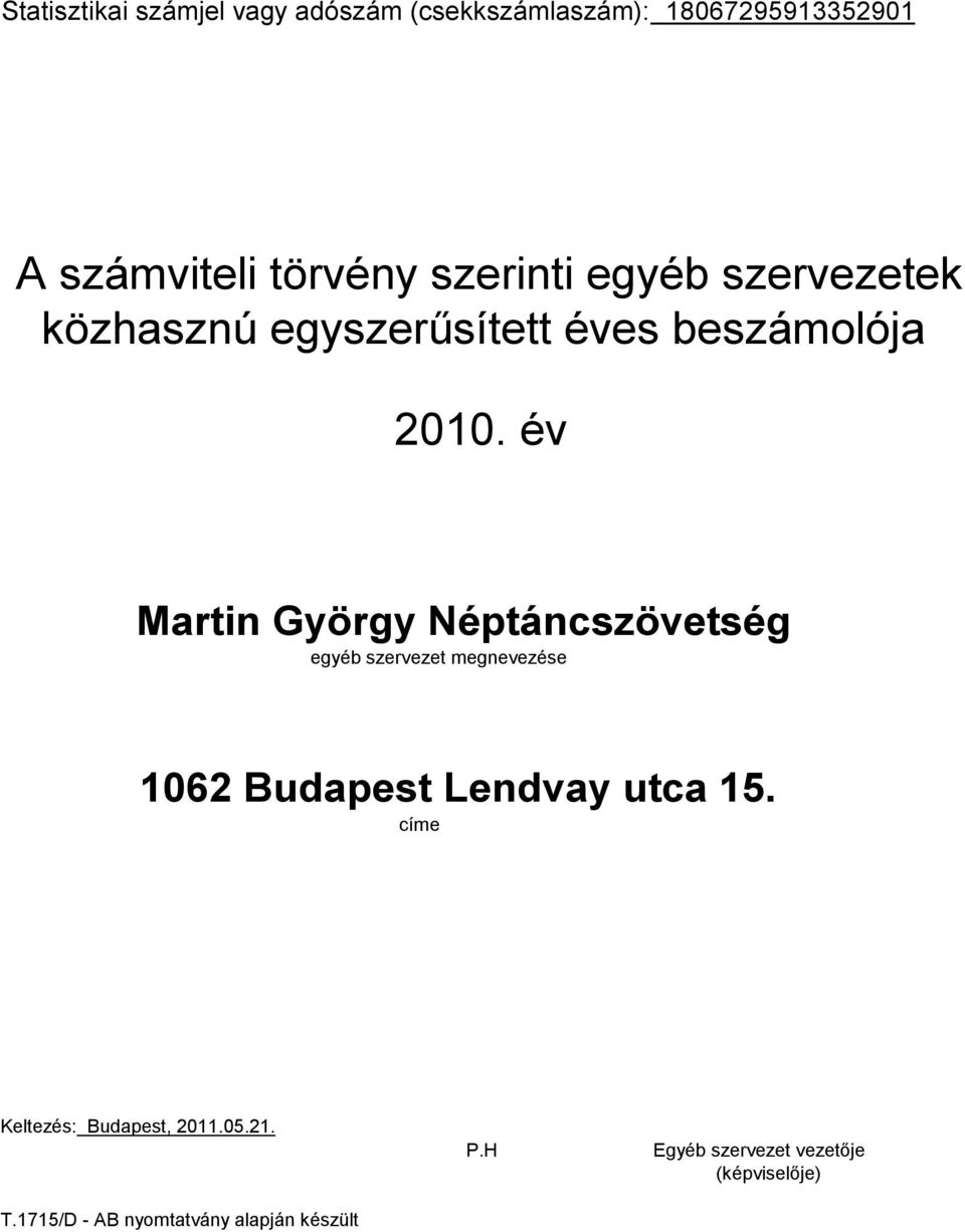 év Martin György Néptáncszövetség egyéb szervezet megnevezése 1062 Budapest Lendvay utca 15.